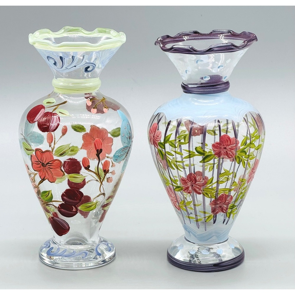 Tracy Porter Hand Painted Art Glass Floral‎ Vases Scalloped Rim Ruffled Rim Lot
